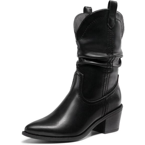 Women's Black Cowgirl Boots Mid Calf Chunky Heel Slouchy & Pull-on Ankle Booties - Picture 1 of 8